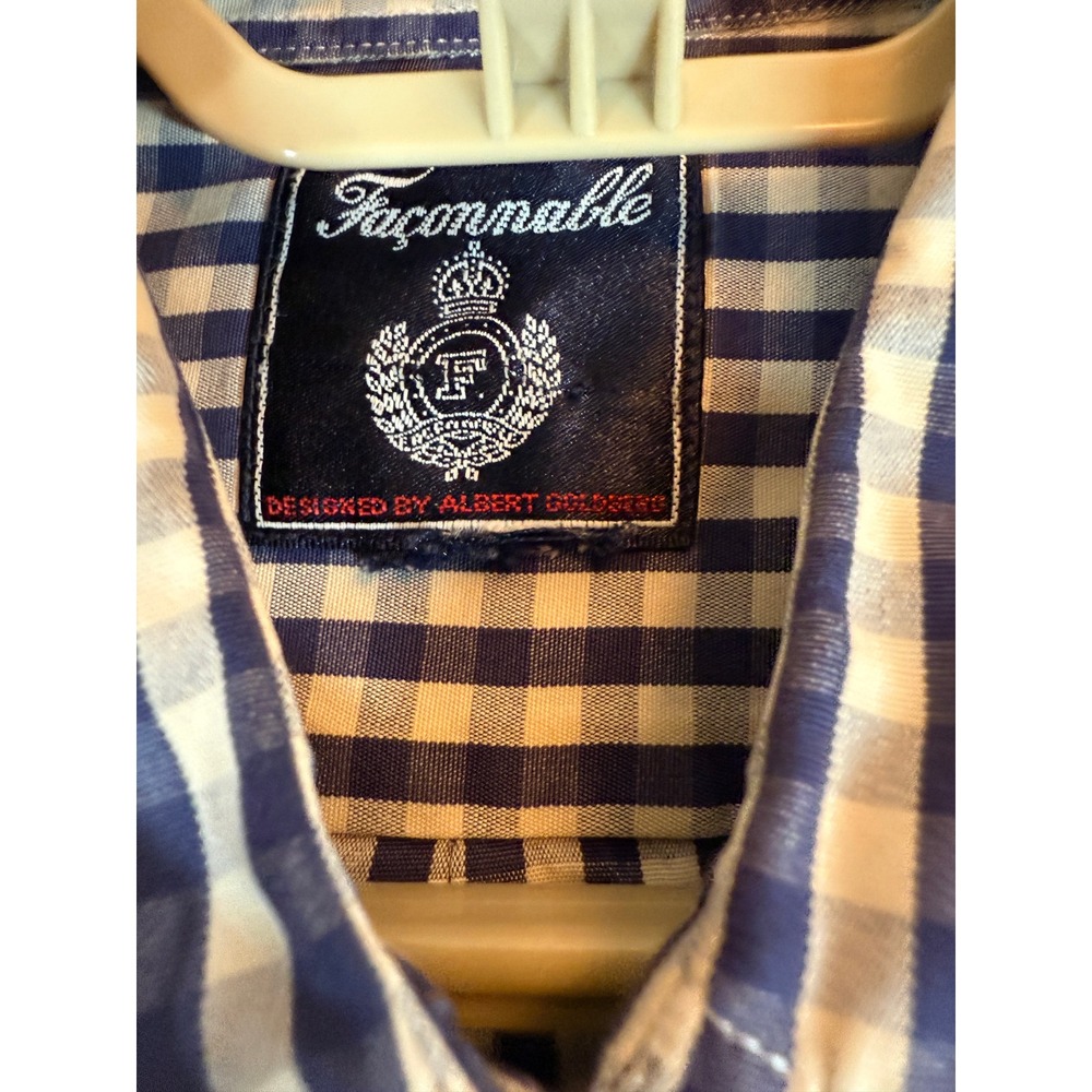 Faconnable Albert Goldberg Mens Gingham Check Cotton Button Down Shirt Navy Blue - Picture 3 of 8